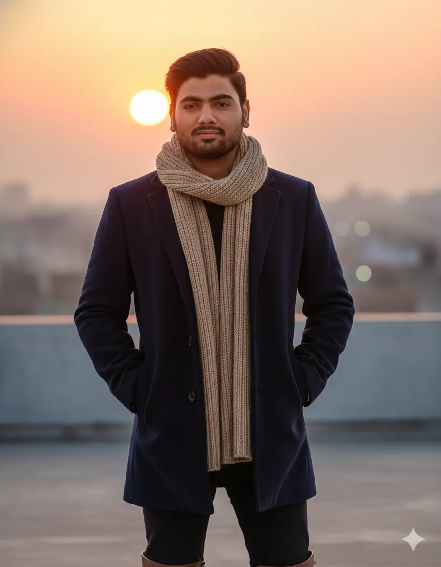 Winter rooftop portrait in navy wool coat with golden hour lighting