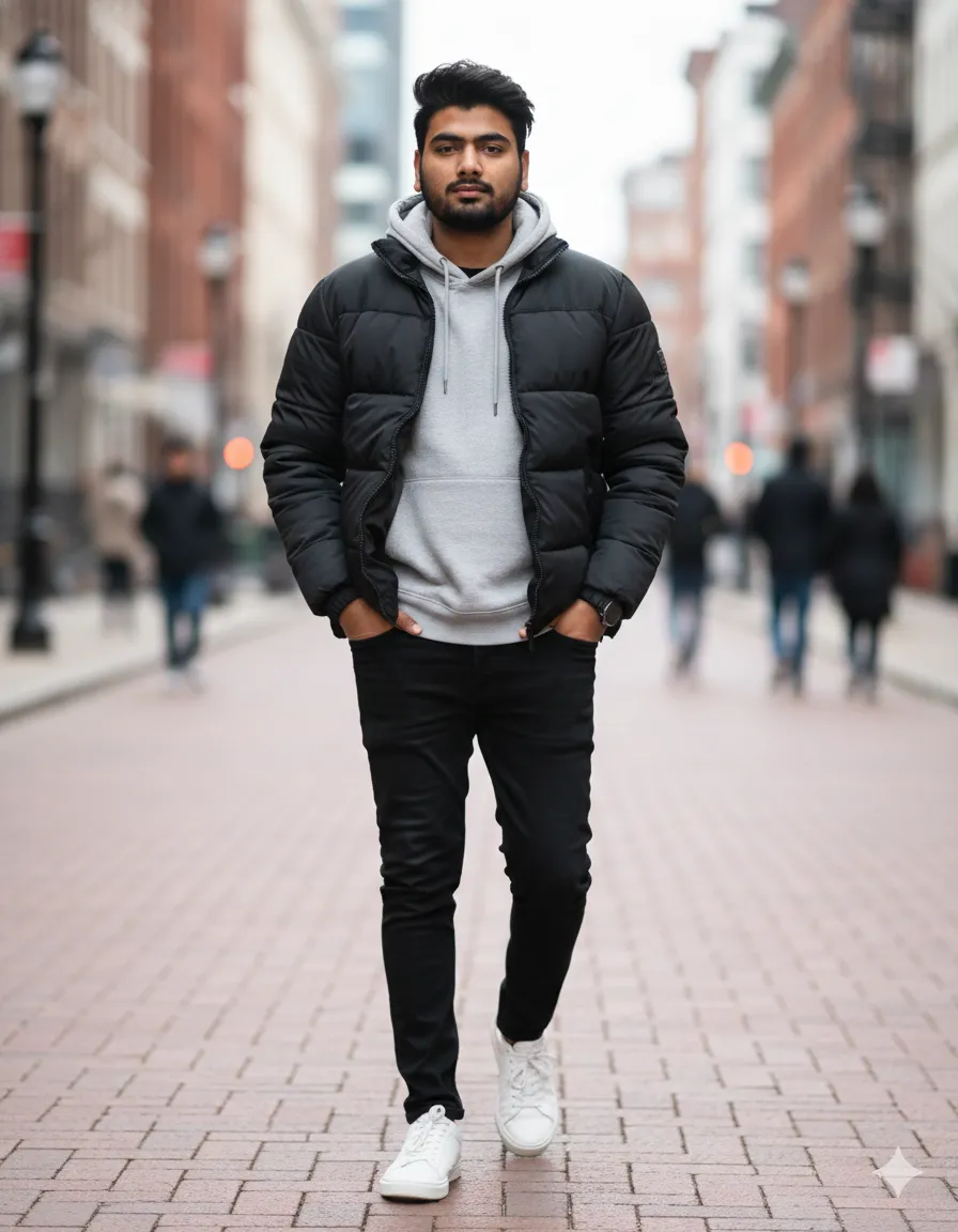Casual puffer jacket street portrait with urban background