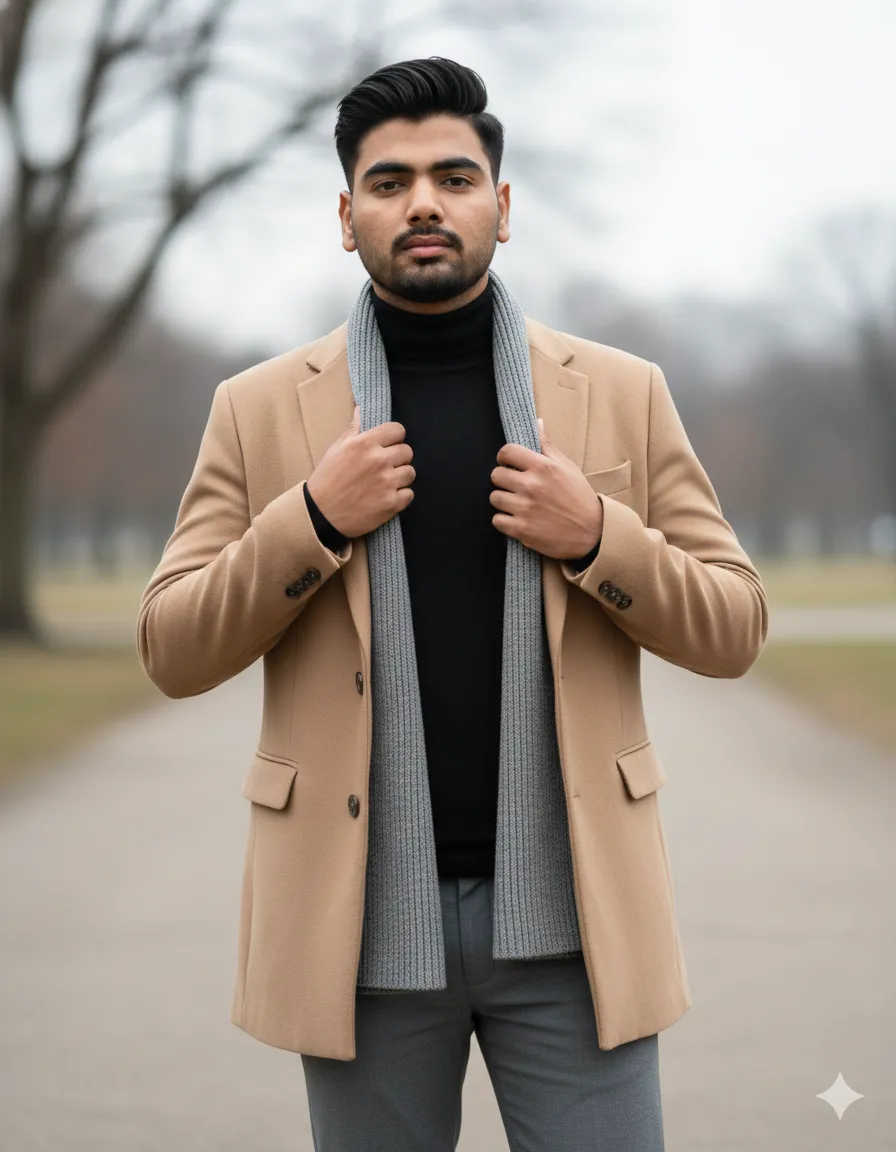 Elegant beige overcoat winter portrait with park background