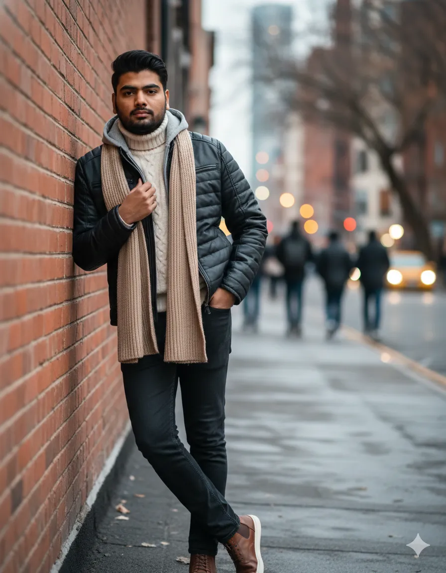 Black leather jacket cinematic portrait with evening lighting