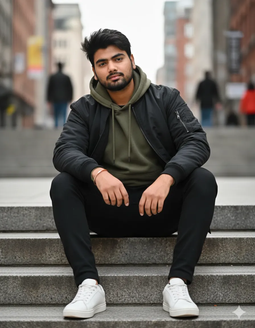 Layered winter streetwear portrait on urban stairs