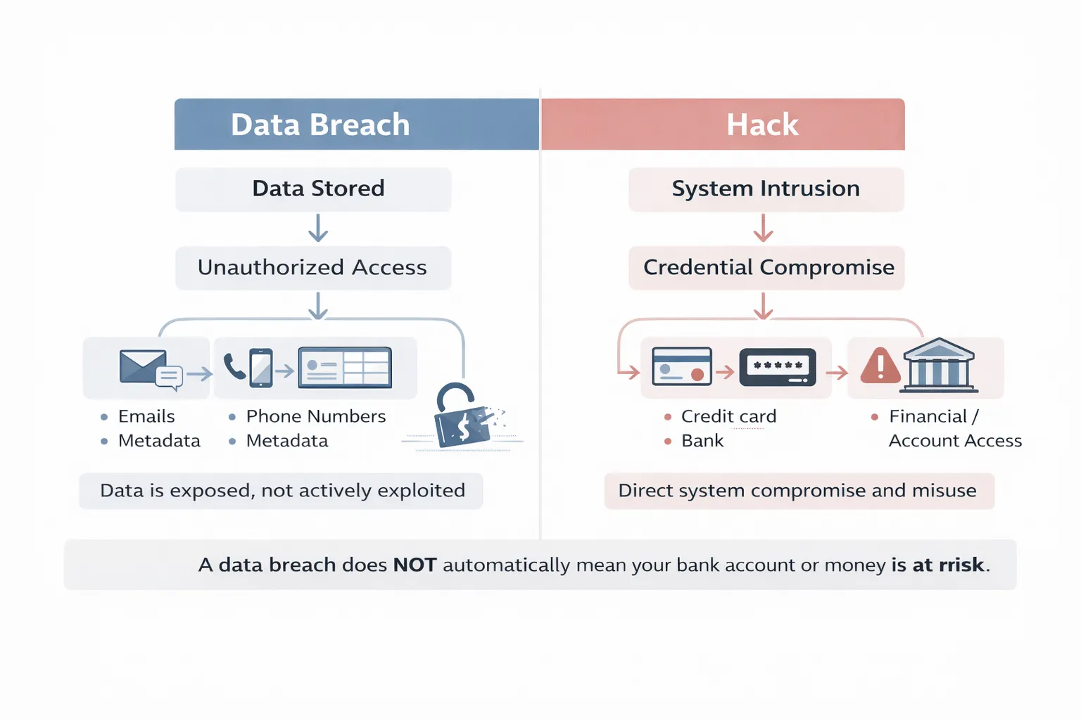 Data Breach vs Hack explained with flowchart – difference between data exposure and system compromise, Substack data leak clarification